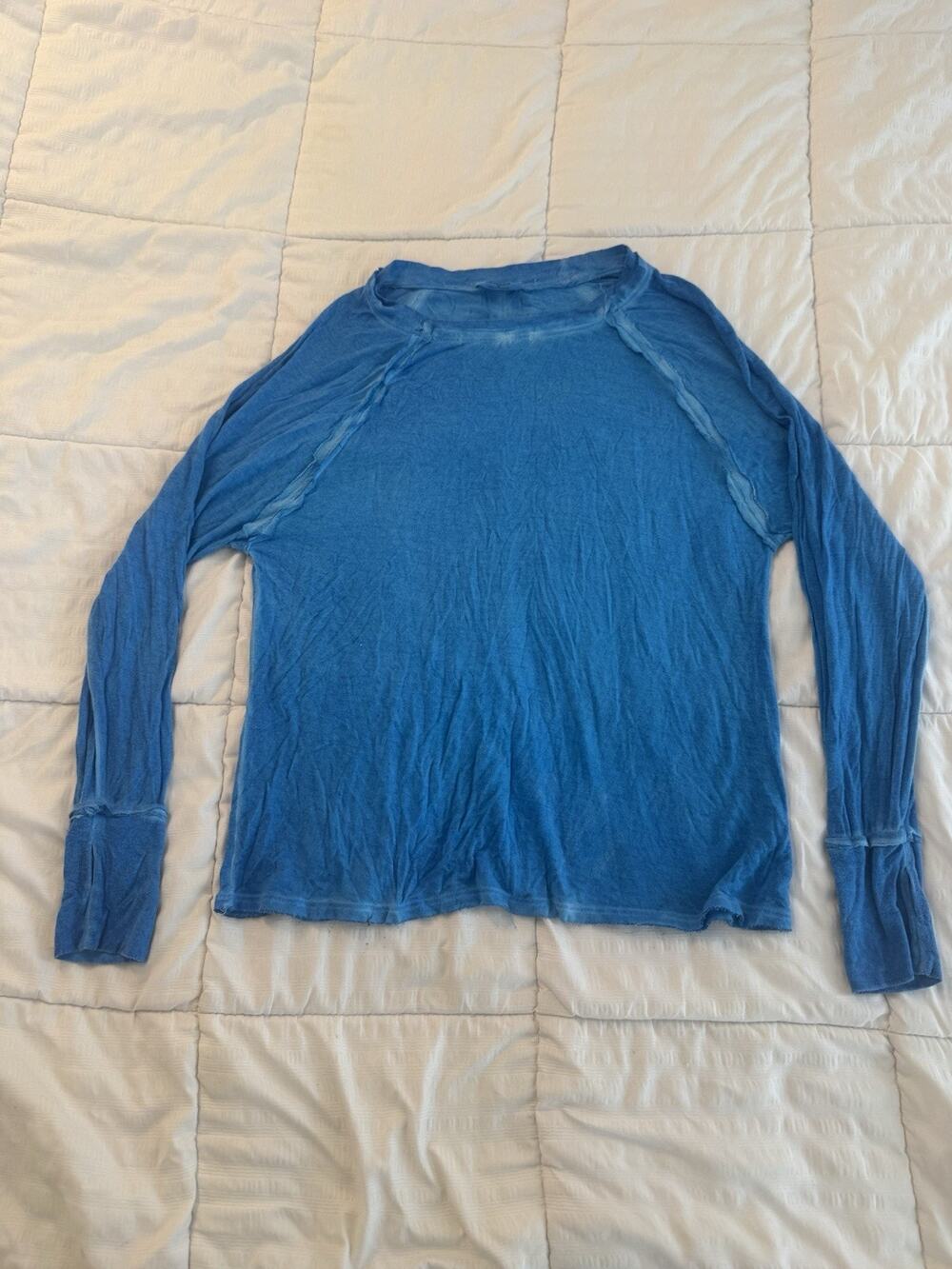 Zenana Blue Washed Women's Small Shirt Sccop Neck Thumb Hole Cuffs Top Casual